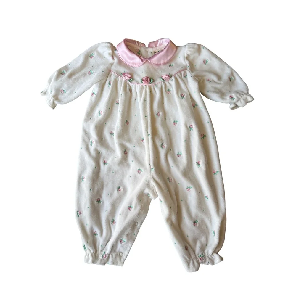 Vintage BT Kids Floral Jumpsuit Romper Baby Girl 6-9 Months Rose Appliqué Girly